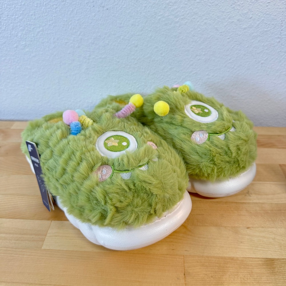 Green Fuzzy Monster Platform Slippers Women's 8 EU 38-39 Novelty House Shoes NEW